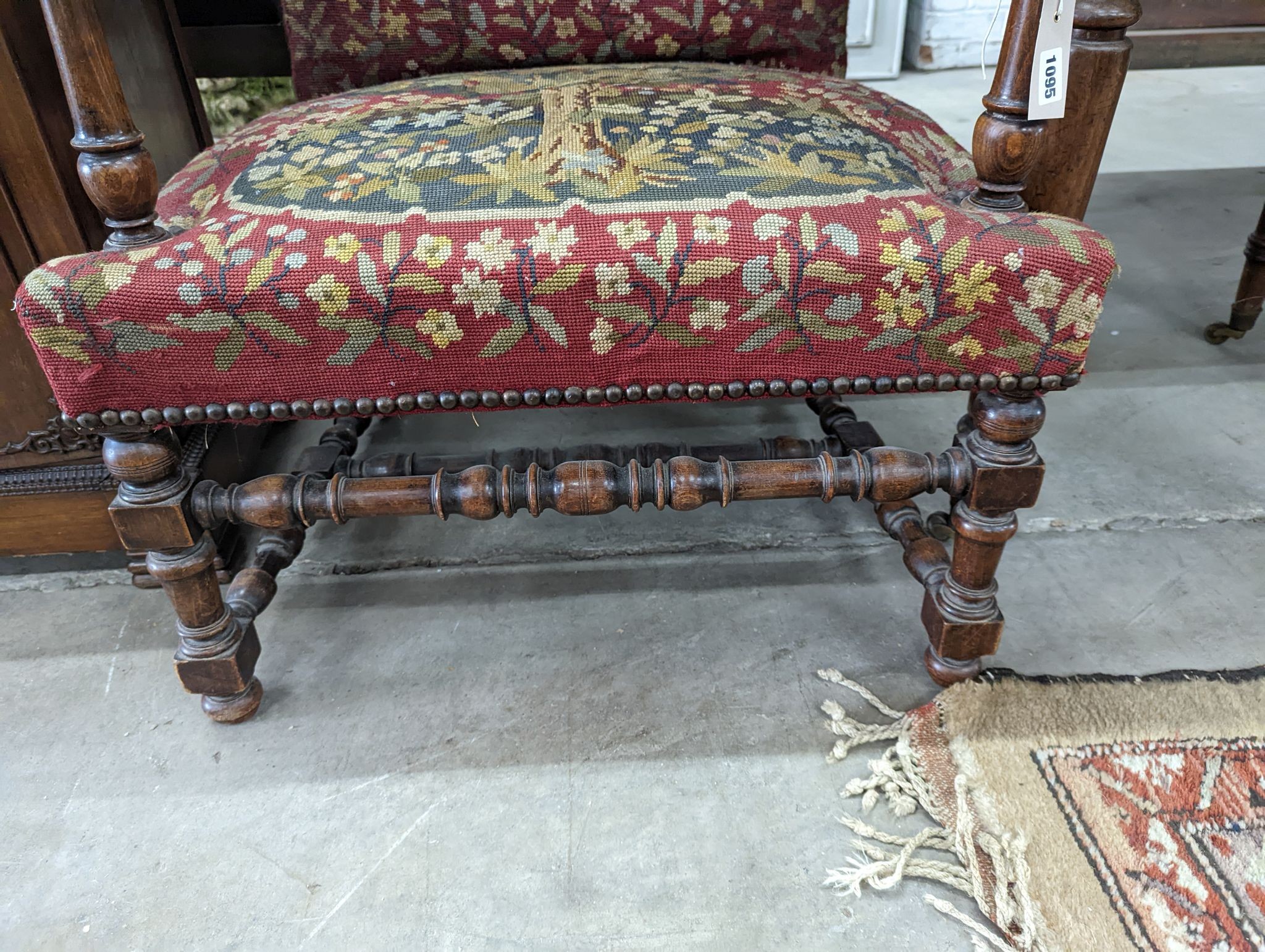 A 19th century walnut tapestry armchair, width 65cm, depth 53cm, height 110cm